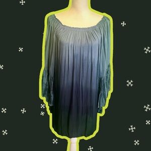 Indah ‘Kamari’ Off-the-Shoulder Bell Sleeve Dress in Navy Blue Ombré Tie-Dye S